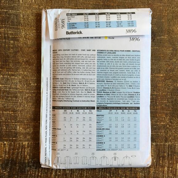 Butterick Sewing Pattern 3896 Colonial George Washington Costume XS S M UNCUT - Picture 2 of 2